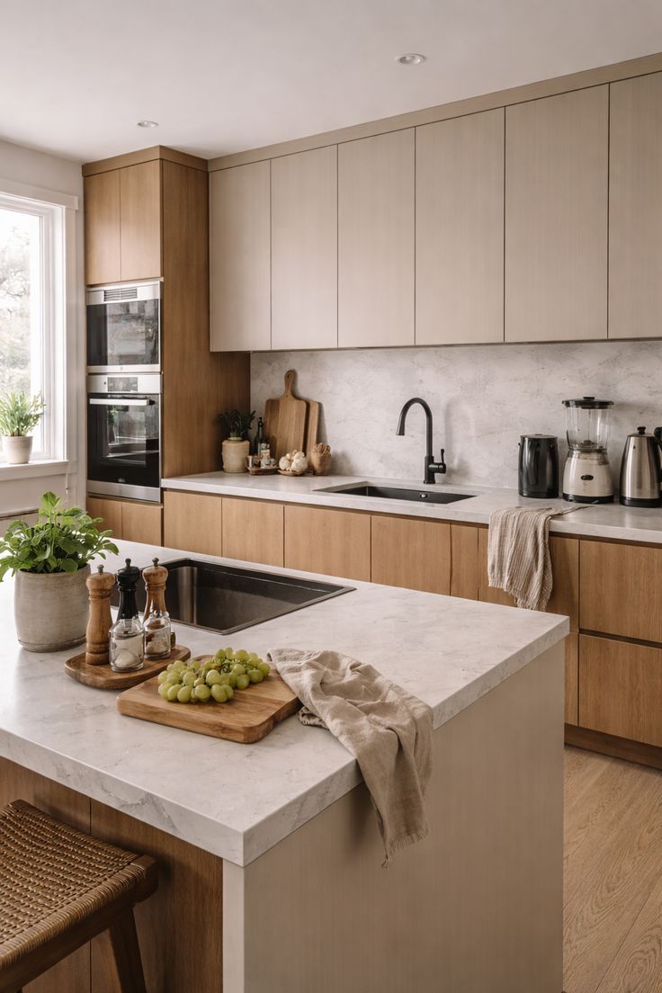zabudowa kuchenna z frontami w kolorze drewna i wyspa kuchenna z marmurowym blatem