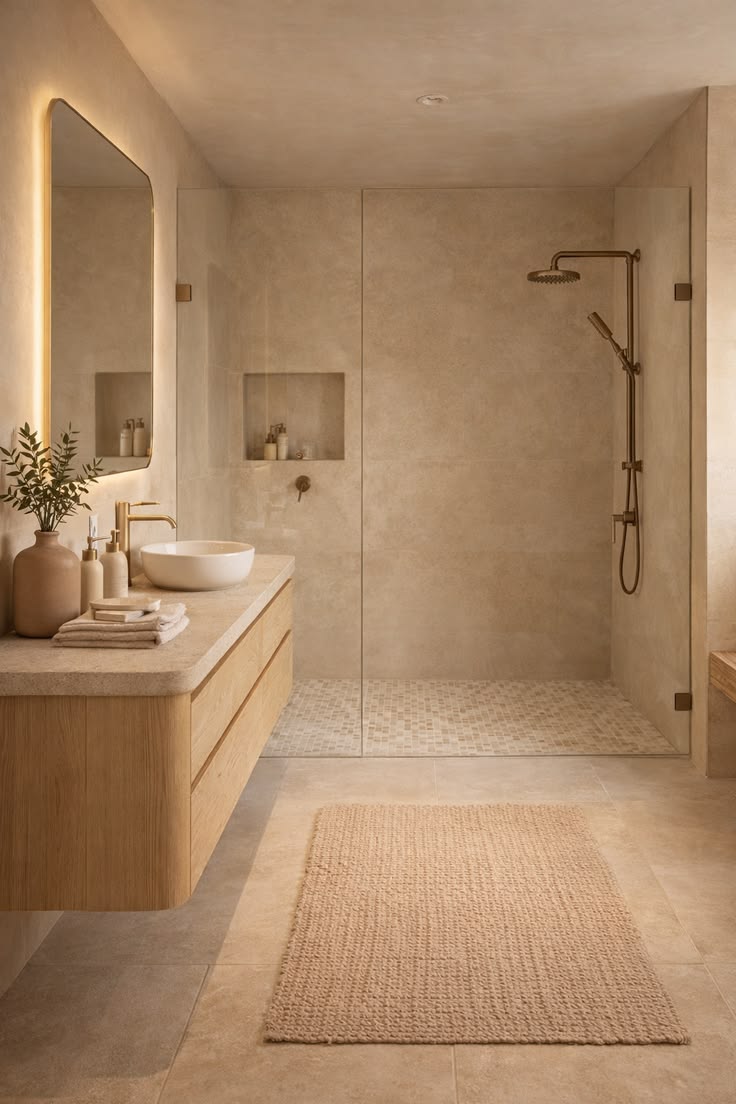 łazienka w odcieniach kremu i beżu z drewnianą pływającą szafką i podświetleniem wokół lustra