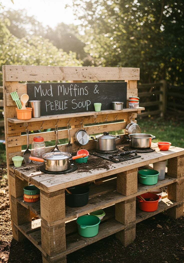 zabawka dla dzieci zrobiona z drewnianych palet imitacja kuchni do zabawy z piaskiem i błotem