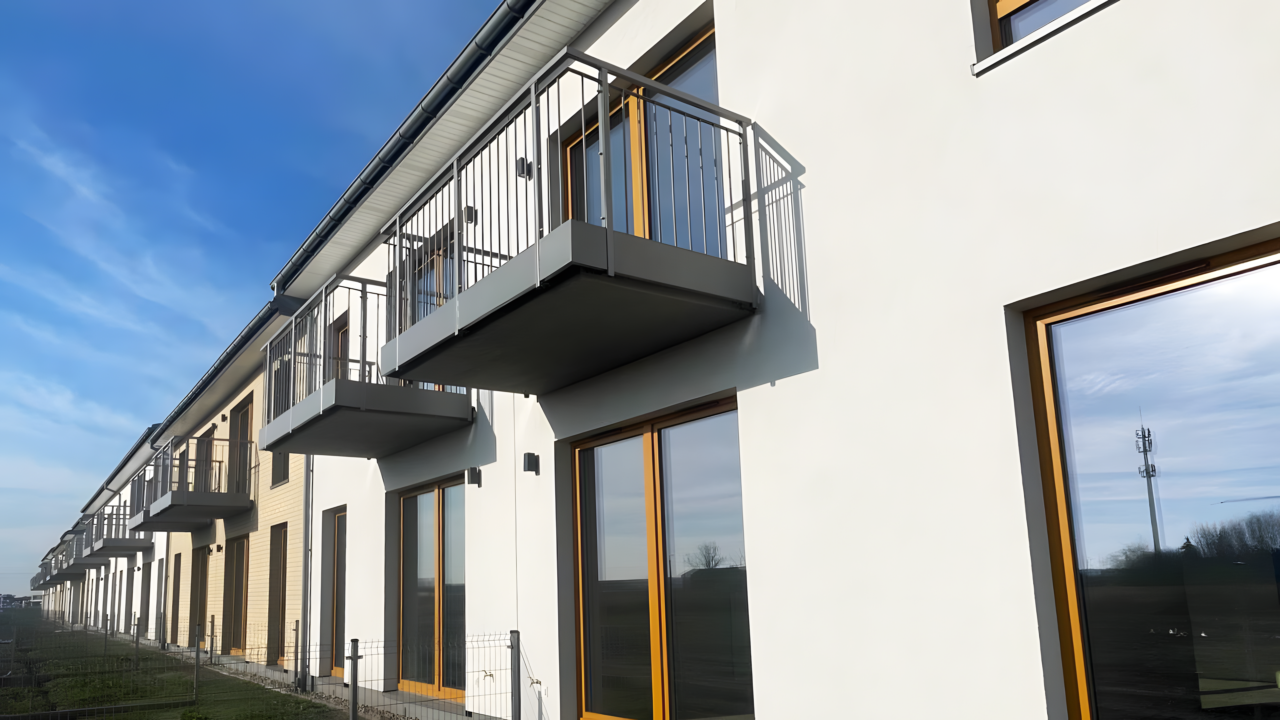 gotowy budynek na osiedlu natura widok na balkon i ogrodki