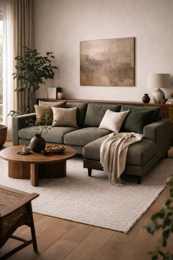 salon z ciemno zieloną kanapą i stolikiem z ciemnego drewna i jasnym kremowym dywanem i kremowymi zasłonami