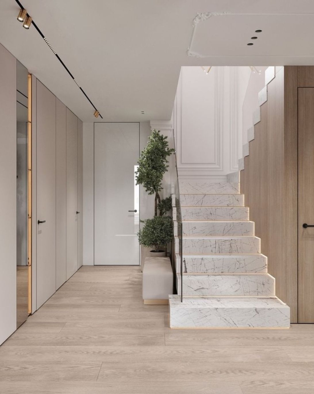 schody w domu dwukondygnacyjnym pokryte płytkami imitującymi kamień