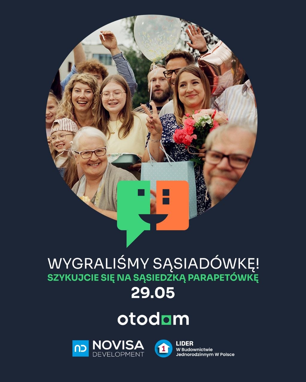 plakat z uśmiechniętymi mieszkańcami osiedla i zaproszenie na sąsiadówkę z okazji wygrania konkursu dla deweloperów szczęśliwe sąsiedztwa