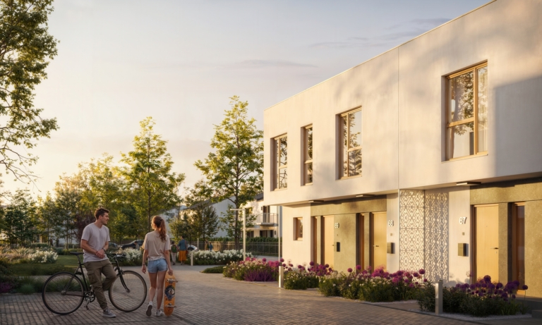 Nowoczesna architektura Boskiej Pabianickiej w Łodzi z jasną elewacją i zielenią przy budynkach