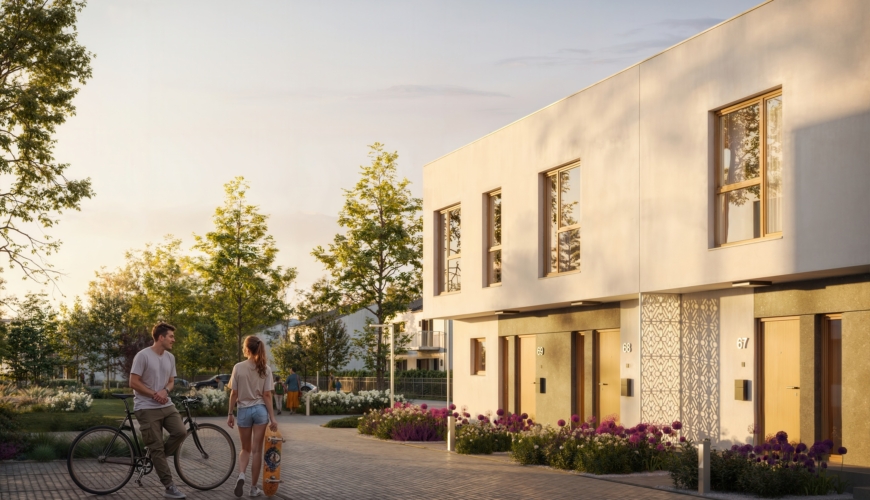 Nowoczesna architektura Boskiej Pabianickiej w Łodzi z jasną elewacją i zielenią przy budynkach