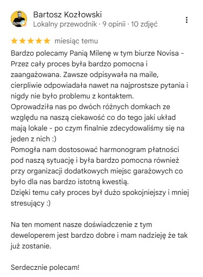 bartosz kozłowski opinia o biurze sprzedaży na białołęce na temat obsługi przez doradcę milenę opis pozytywnych doświadczeń z zakupu nieruchomości 