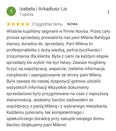 klienci izabela i arkadiusz lis piszą o profesjonalizmie i dużej wiedzy u doradcy handlowego mileny opisując swoje pozytywne doświadczenia podczas zakupu