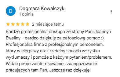 klientka dagmara pozytywnie pisze o profesjonalizmie firmy i pracowników chwali za cierpliwość i zaangażowanie pracowników biura sprzedaży w łodzi