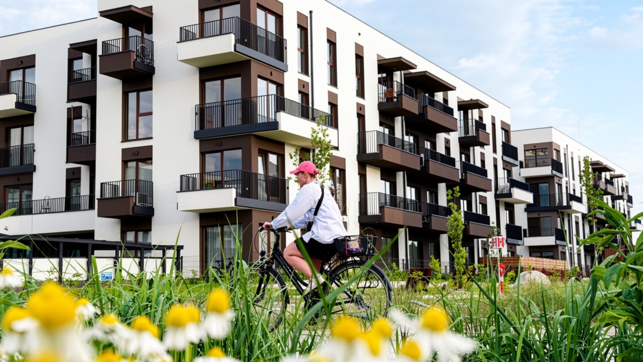 completed Miasto Ogród 6 estate in Ożarów Mazowiecki, greenery between the buildings