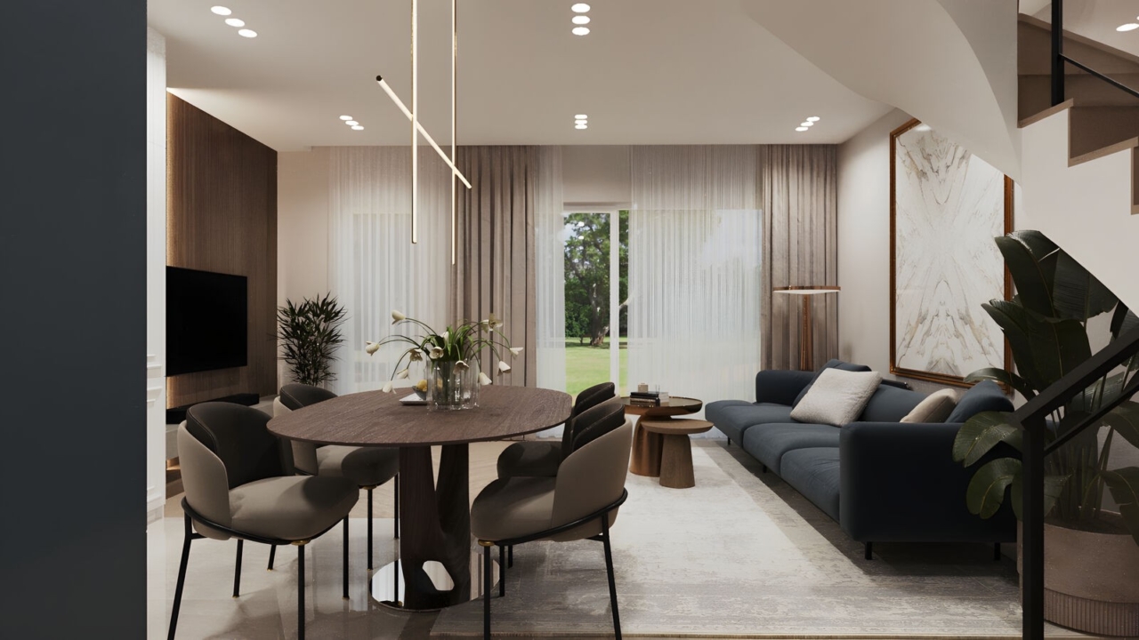 living room with dining area and garden access in a house at the Arkady Walendów estate, visualisation